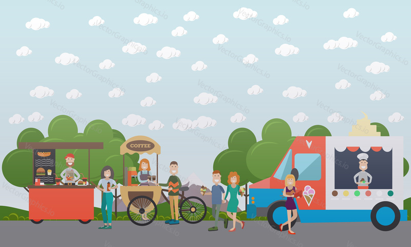 City street concept vector illustration with fast food cart, coffee bike and ice cream truck, buyers and sellers of street food, icecream, coffee and soft drinks. Flat style design.