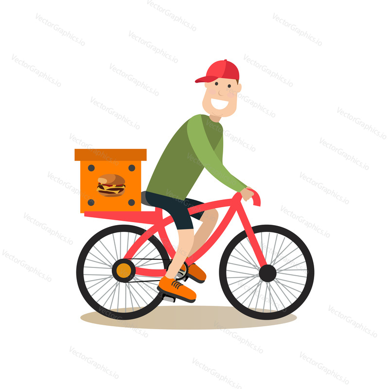 Vektorová ilustrace kurýrního jízdního kola messenger dodávajícího kartonovou krabici s rychlým občerstvením na kole. Koncept dodávky jízdních kol. Food lidé plochý styl designový prvek, ikona izolován na bílém pozadí.