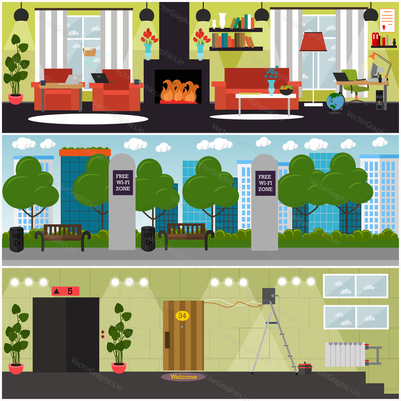 Vector set of internet interior posters, banners. Free WI-FI zone in park, home Wi-Fi network and office hallway where internet installing flat style design elements.