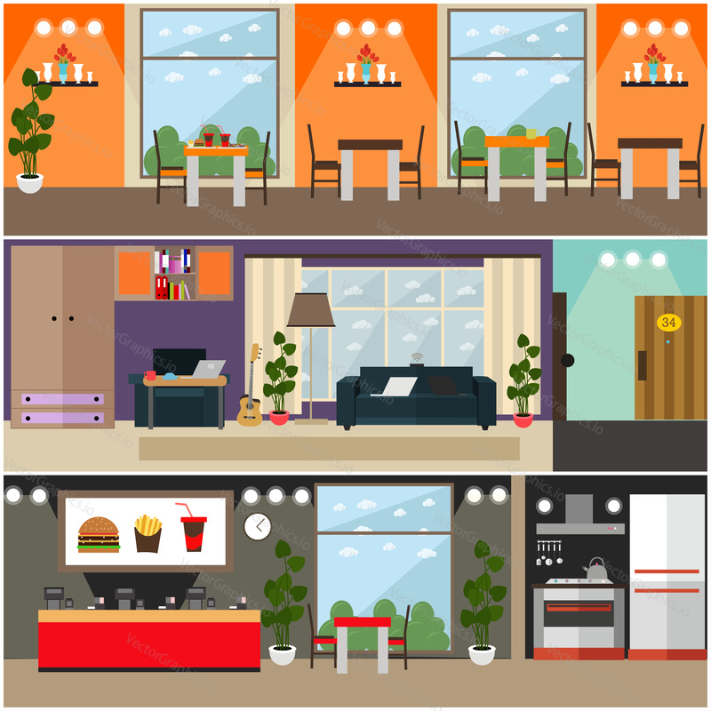 Vector set of fast food posters, banners with quick service restaurant or cafe interior and home interior. Flat style design.