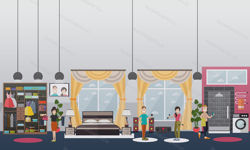 Vector illustration of people exercising with dumbbells at home. Home gym concept flat style design.