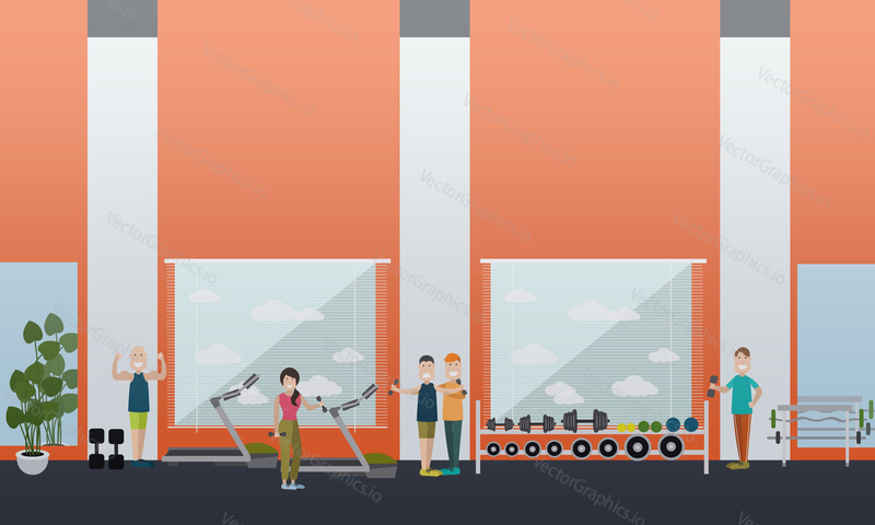 Vector illustration of beautiful fitness woman and strong athletic men exercising with dumbbells. Gym interior with exercising equipment flat style design elements.