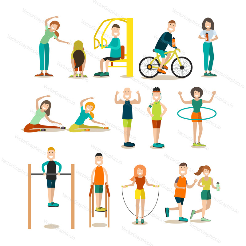 Vektorové ilustrace fitness lidí, kteří dělají sportovní jogging, jít na kole, cvičit pomocí cvičební zařízení, švihadlo, hula hoop. Školení mimo lidi ploché ikony izolované na bílém pozadí.