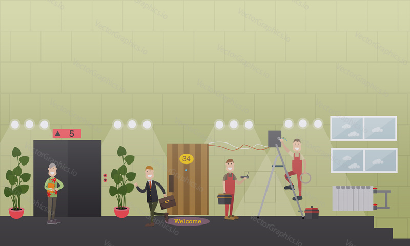 Vector illustration of workers installing wire and wireless internet connection in office hallway. Internet installing services concept. Flat style design.