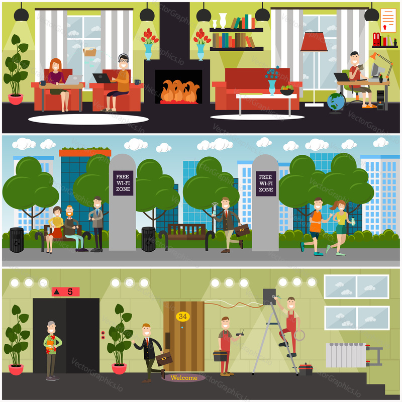 Vector set of internet posters, banners. Free WI-FI zone in park, home Wi-Fi network and internet installing services concept flat style design elements.