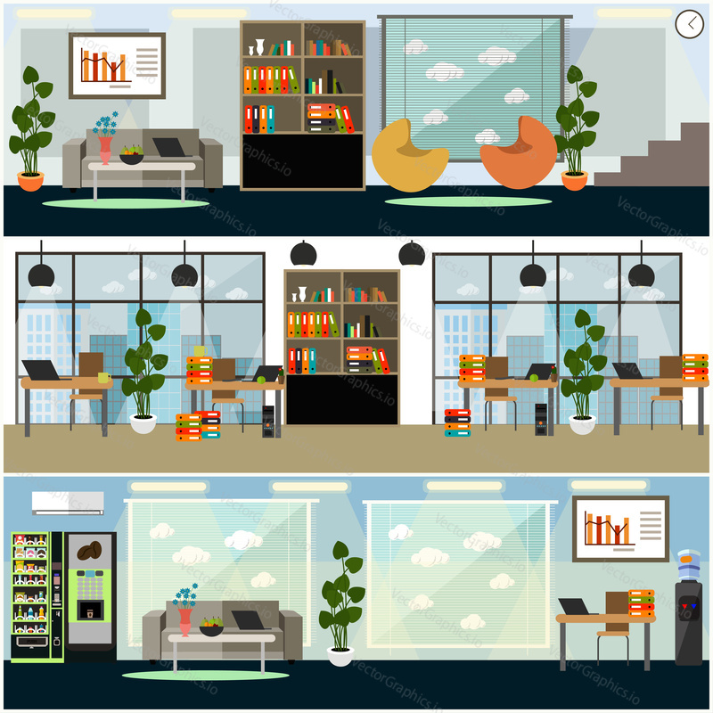 Vector set of business posters, banners. Modern office space interior with office furniture and equipment. Flat style design.