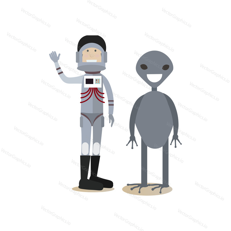 Vector illustration of astronaut standing with alien and waving. Space people flat style design element, icon isolated on white background.