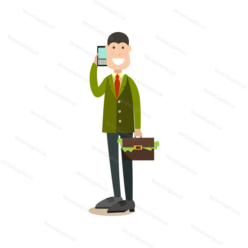 Векторная иллюстрация бизнесмена с портфелем, полным денег, разговаривающего по мобильному телефону. Элемент дизайна в плоском стиле деловых людей, значок, выделенный на белом фоне.