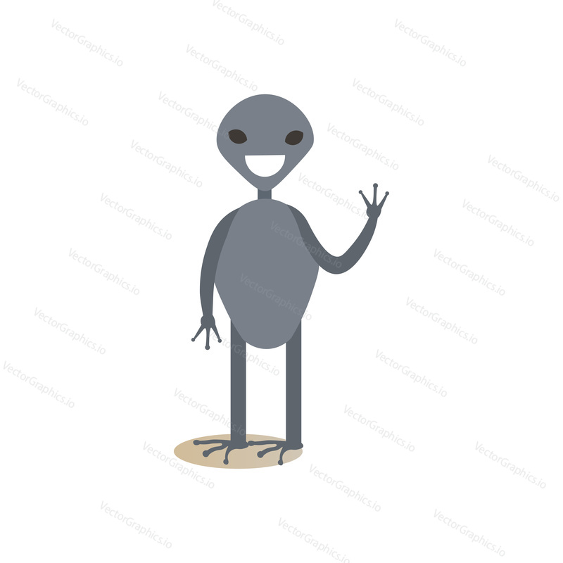 Vector illustration of cute cartoon alien waving. Greeting or sign of departure. Flat style design element, icon isolated on white background.