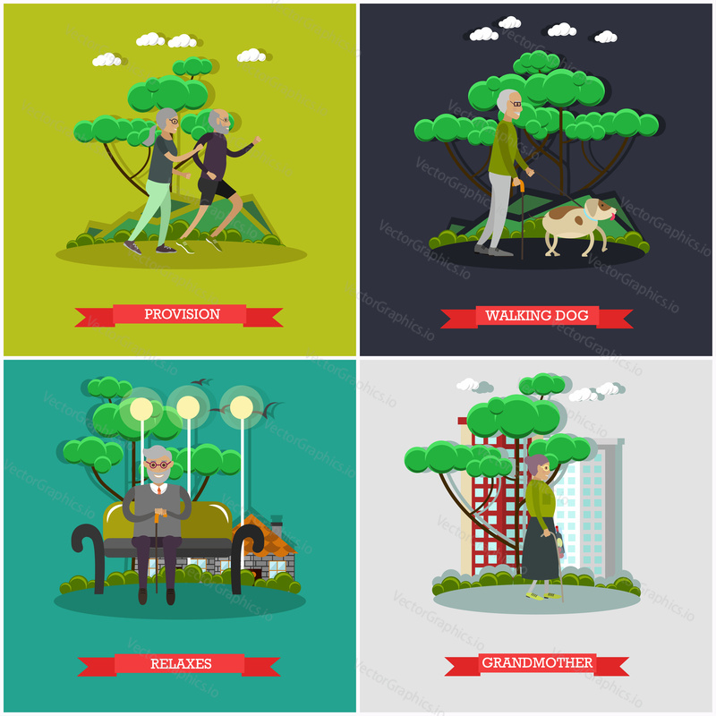 Vector set of aged people posters. Provision, walking dog, Relaxes and Grandmother flat style design elements.