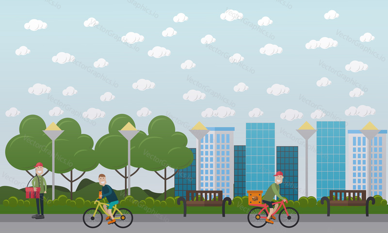 Vektorové ilustrace bicycle messenger dodávající lepenkovou krabici s rychlým občerstvením na kole a kurýrem procházejícím po ulici s červenou dodací taškou. Food delivery concept plochý styl designové prvky.