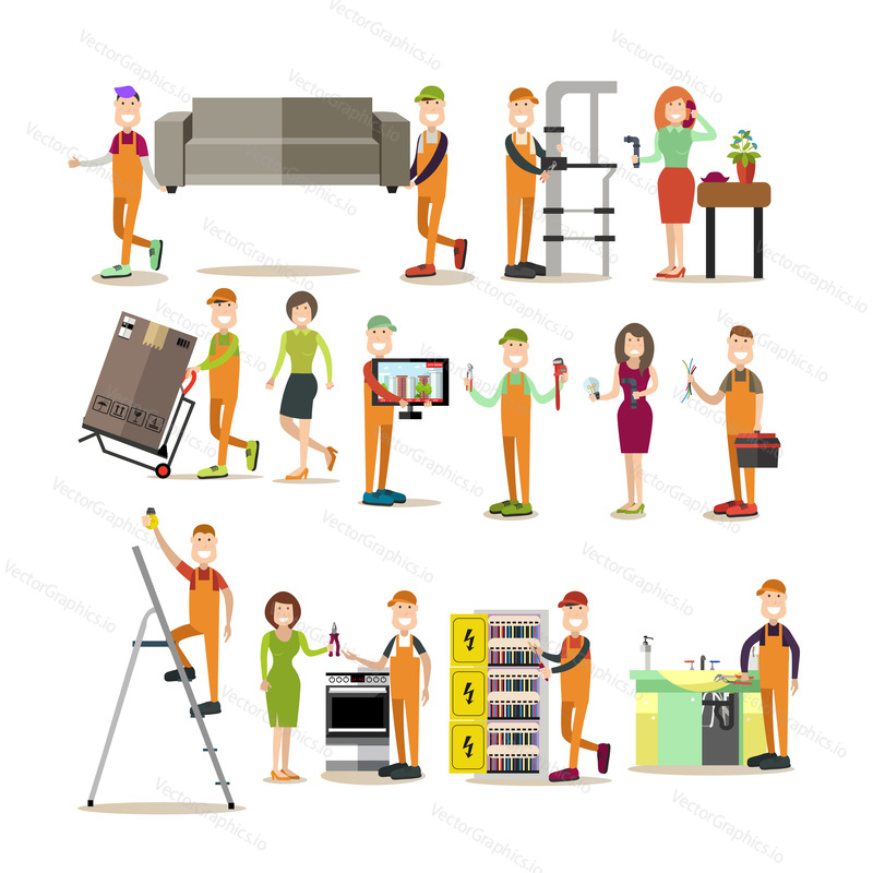 Vector illustration of plumber, delivery man, carrier, electrician and woman having plumbing and electrical problems at home. Worker people flat symbols, icons isolated on white background.