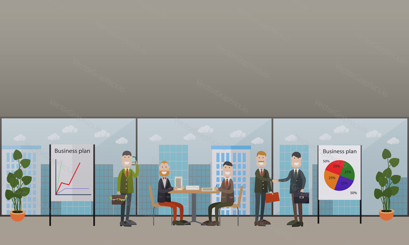 Vector illustration of business people taking part in conference, workshop, meeting, signing contracts with partners. Flat style design.