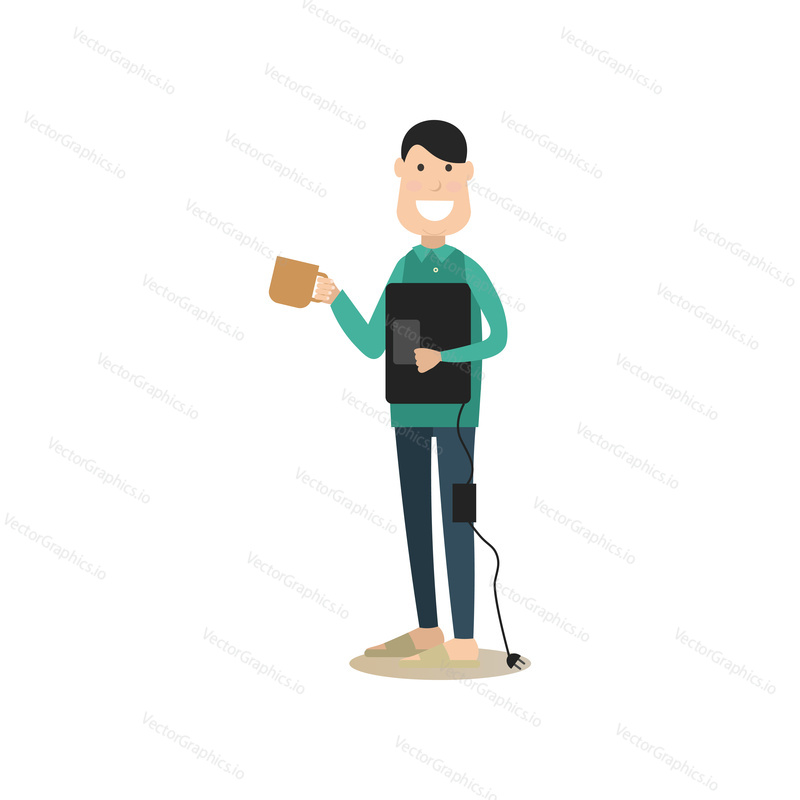 Vector illustration of man holding laptop in one hand and cup of tea in the other. Internet people flat style design element, icon isolated on white background.
