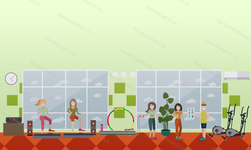 Vector illustration of beautiful fitness girls doing step aerobics, exercising using step platforms, jump ropes. Gym girls concept flat style design.