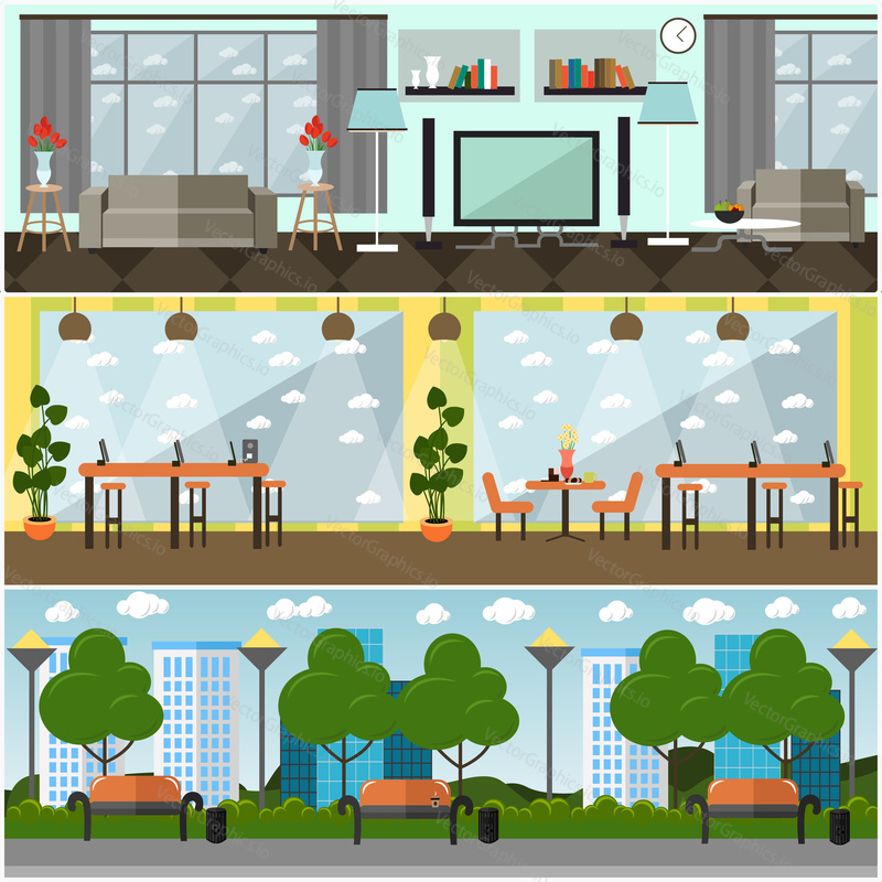 Vector set of internet posters, banners. Internet cafe, park and home interior. Places where people can use different types of internet connections. Flat style design elements.