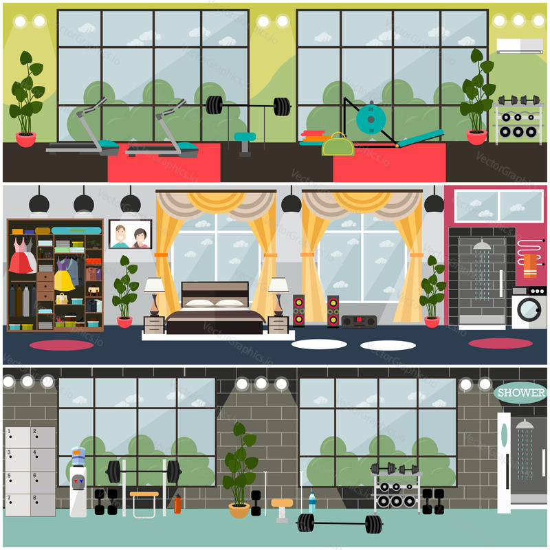 Vector set of gym interior posters, banners. Fitness club with exercising equipment, shower, water cooler and home gym room with bathroom. Flat style design.