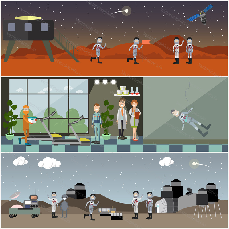 Vector set of space posters, banners. Astronaut training, space exploration of Mars and the Moon concept flat style design elements.