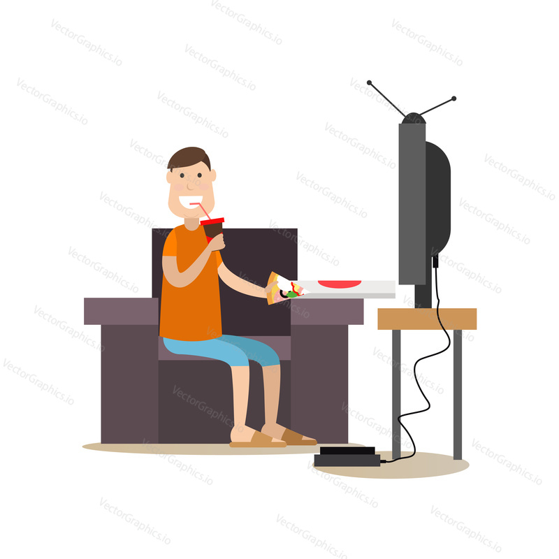 Vektorová ilustrace člověka, který jedí pizzu a pije colu při sledování televize doma. Jídlo s sebou nebo koncept dodávky domů. Food lidé plochý styl designový prvek, ikona izolován na bílém pozadí.
