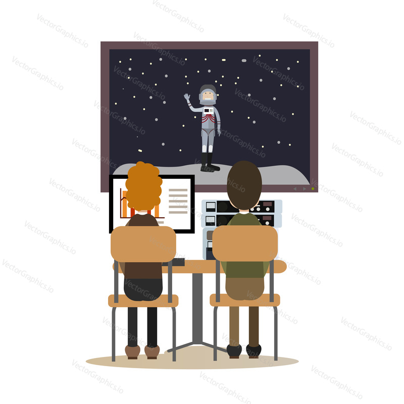 Vector illustration of mission control center personnel monitoring space flight of astronaut. Space exploration concept. Space people flat style design element, icon isolated on white background.