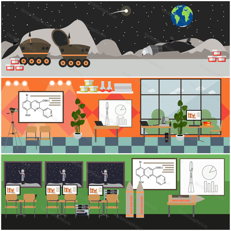 Vector set of space interior posters, banners. The Moon surface, lunar roving vehicles, classroom interior and scientific laboratory with lab equipment flat style design elements.