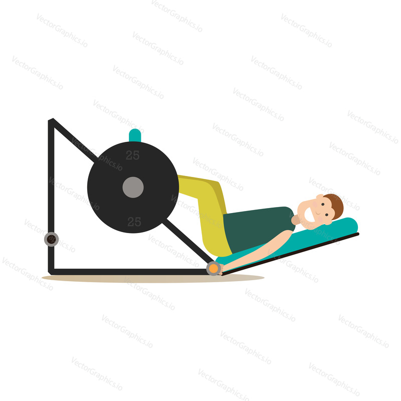 Vector illustration of man exercising using leg press machine. Gym people flat style design element, icon isolated on white background.