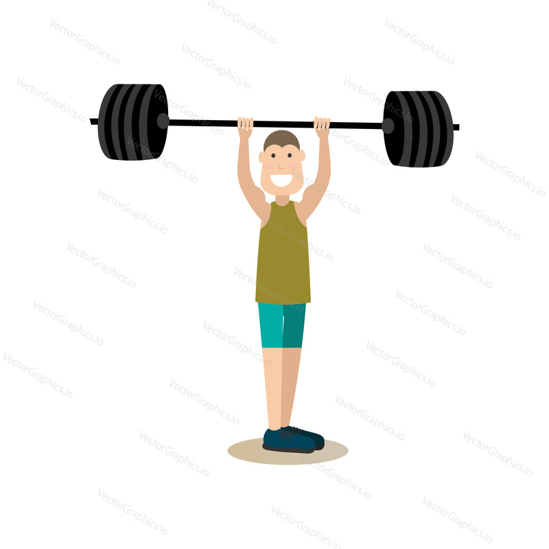 Vector illustration of strong athletic man training with barbell. Gym people flat style design element, icon isolated on white background.