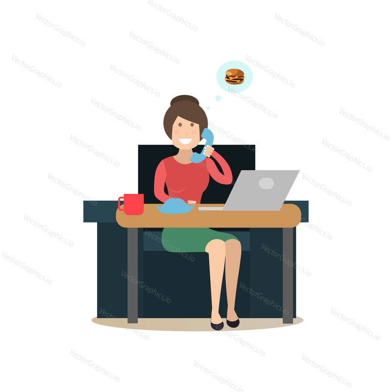 Vector illustration of woman sitting at desk and talking over telephone, speech bubble with burger. Home delivery meal services concept flat style design element isolated on white background.