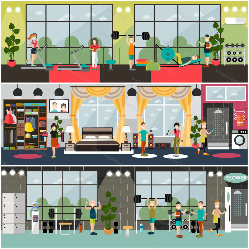 Vector set of gym posters, banners with fitness people males and females doing exercises with barbell, dumbbells, using leg press machine, treadmill. Gym equipment concept flat style design.