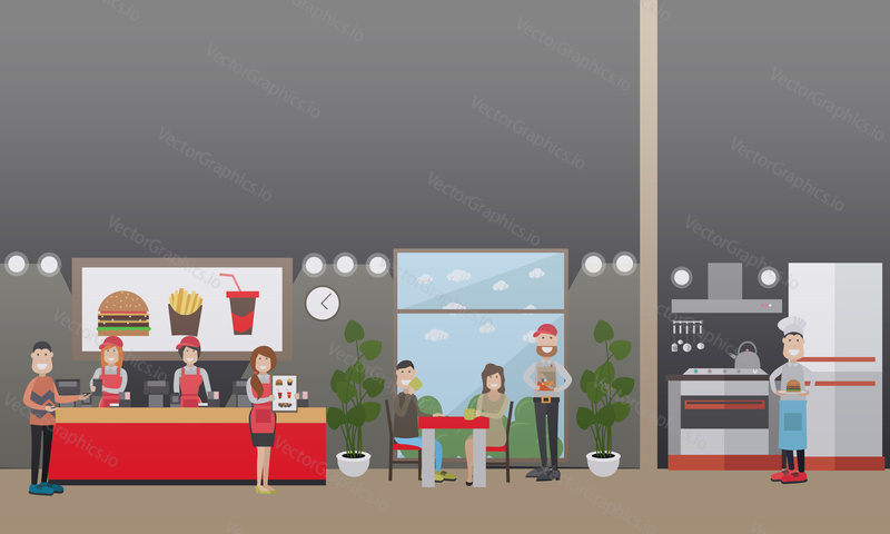 Vector illustration of fast food restaurant interior with waiters, saleswomen, cook and visitors. Flat style design.