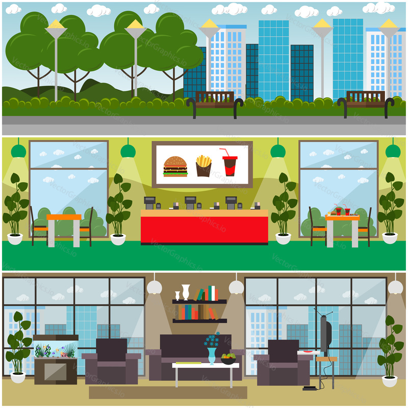 Vector set of fast food posters, banners with quick service restaurant or cafe interior, home interior, city park street. Flat style design.