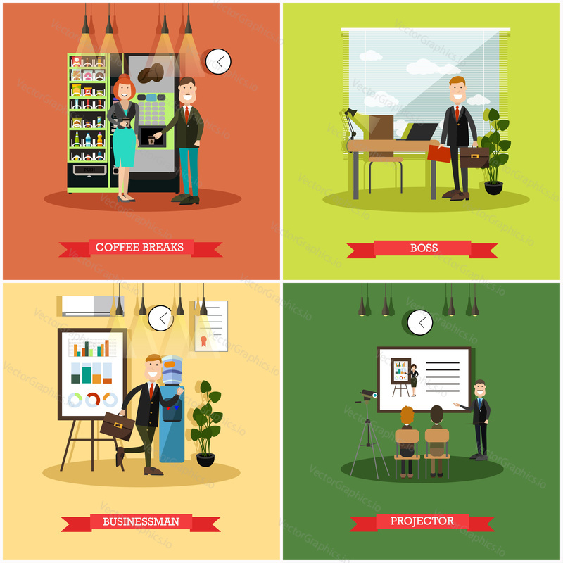 Vector set of business people posters. Coffee breaks, Boss, Businessman and Projector flat style design elements.