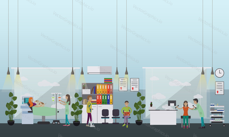 Vector illustration doctors, nursing personnel providing health care to disabled people in hospital, rehabilitation center. Disability and medical treatment concept flat style design element.