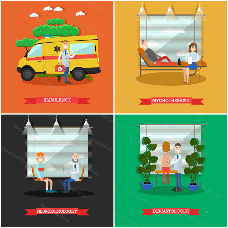 Vector set of doctors posters. Ambulance, Psychotherapist, Neuropathologist and Dermatologist flat style design elements.