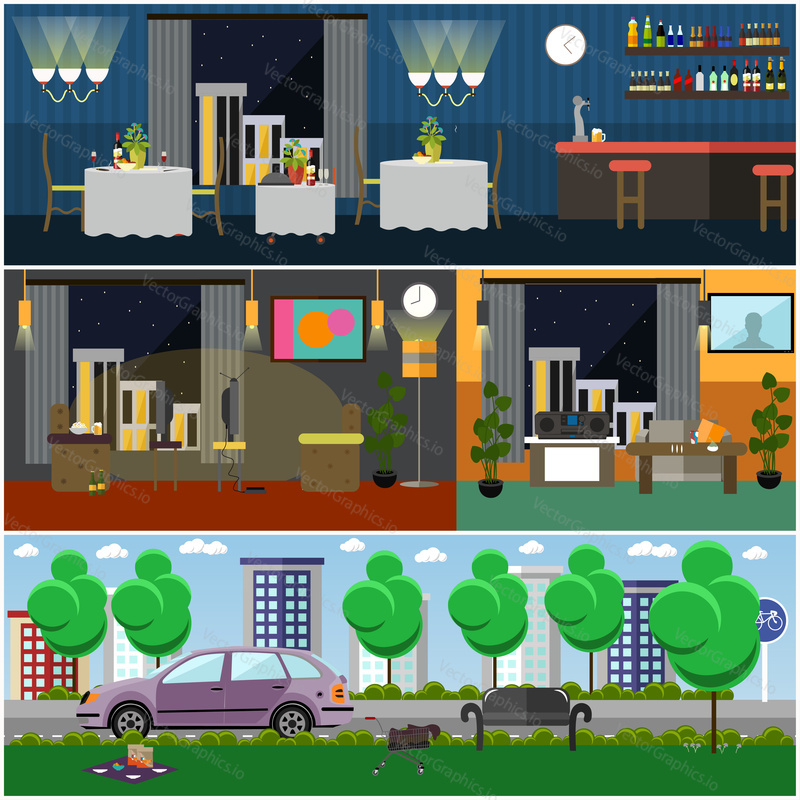 Bad habits interior vector illustration. Living room, restaurant, cafe, bar interior, city street or park. Flat style design.