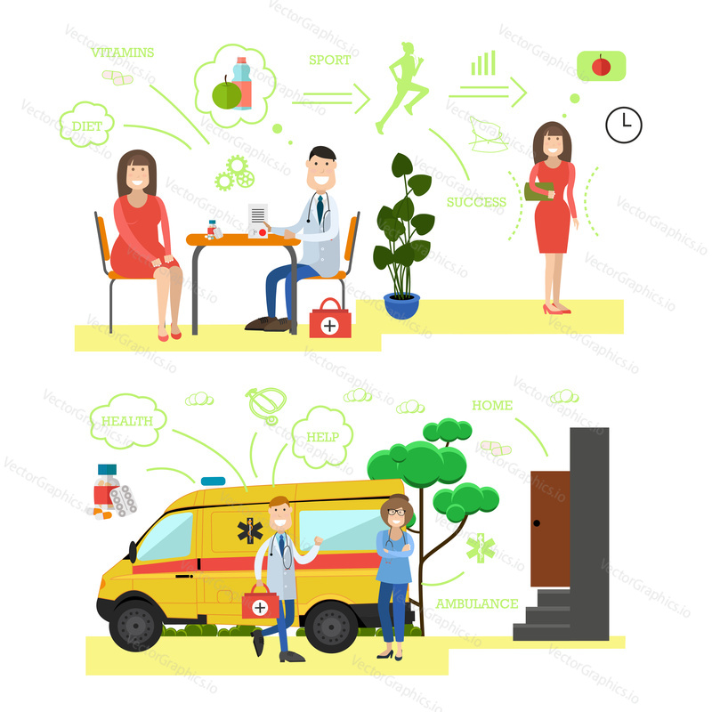 Vector set of medical staff providing health care to patients. Dietician providing dietary consultation, ambulance or paramedic services flat style design elements, icons isolated on white background