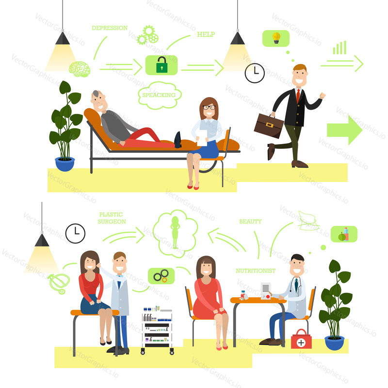Vector set of medical staff providing health care to patients. Visiting doctor psychotherapist, dietitian and plastic surgeon flat style design elements, icons isolated on white background.