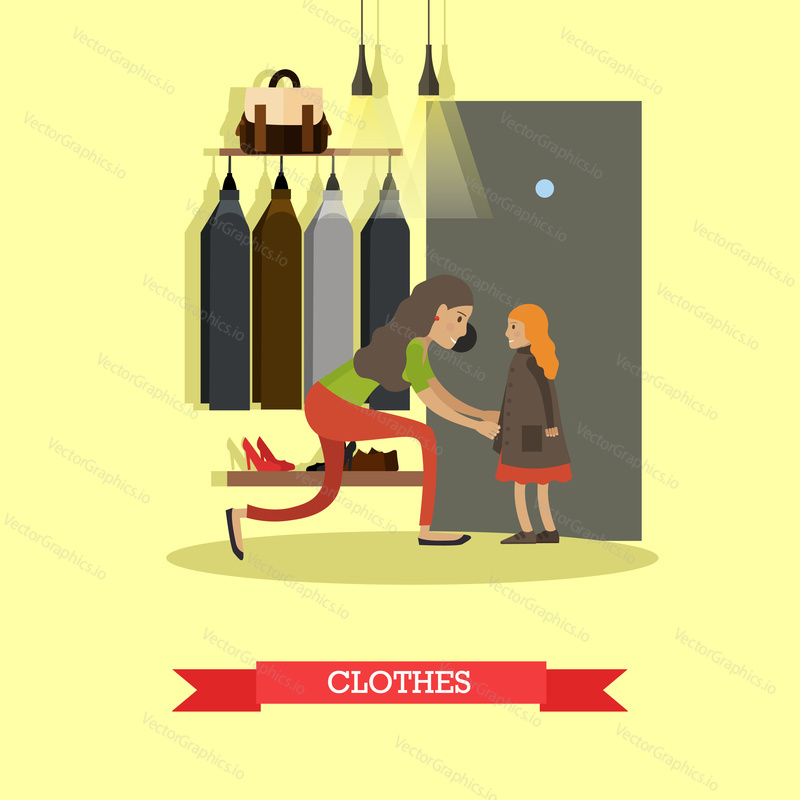 Vector illustration of mother dressing her daughter. Clothes concept design element in flat style.