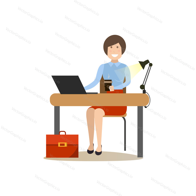 Vector illustration of smiling businesswoman sitting at office desk, using laptop and drinking coffee. Office people flat style design element, icon isolated on white background.