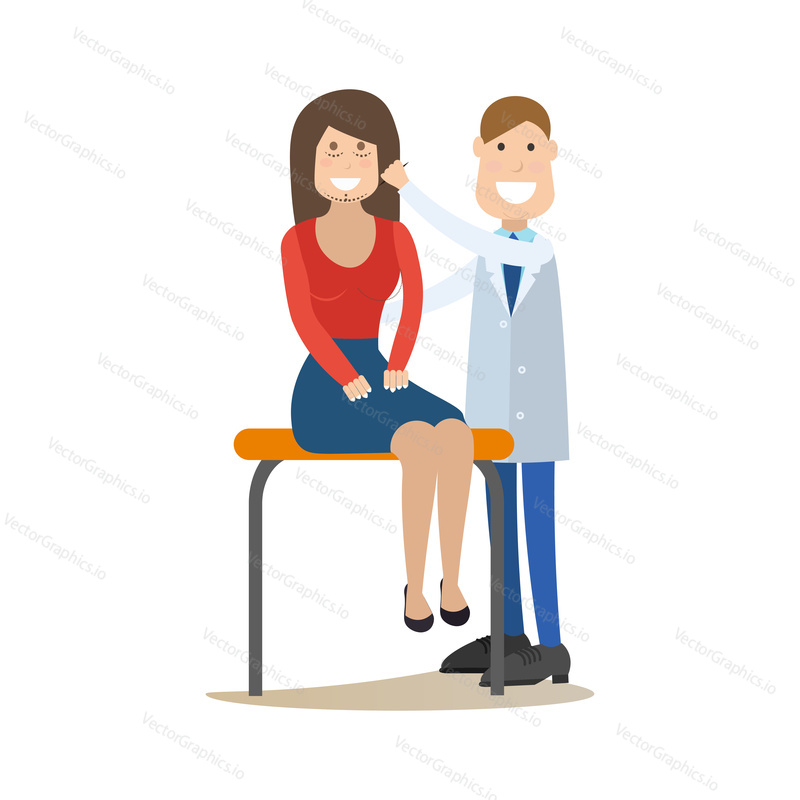 Vector illustration of doctor male plastic surgeon examining his patient female. Medical practitioner flat style design element, icon isolated on white background.