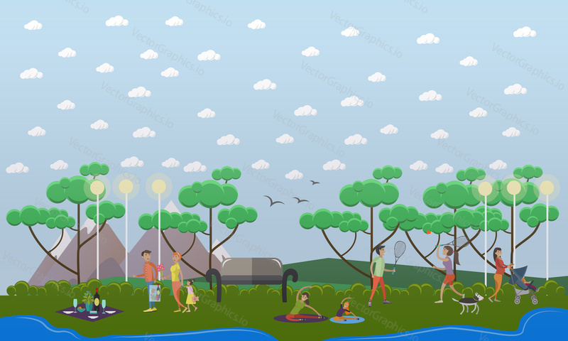 Vector illustration of parents with their kids walking in the park, going on a picnic. Childcare and parenting flat style design elements.