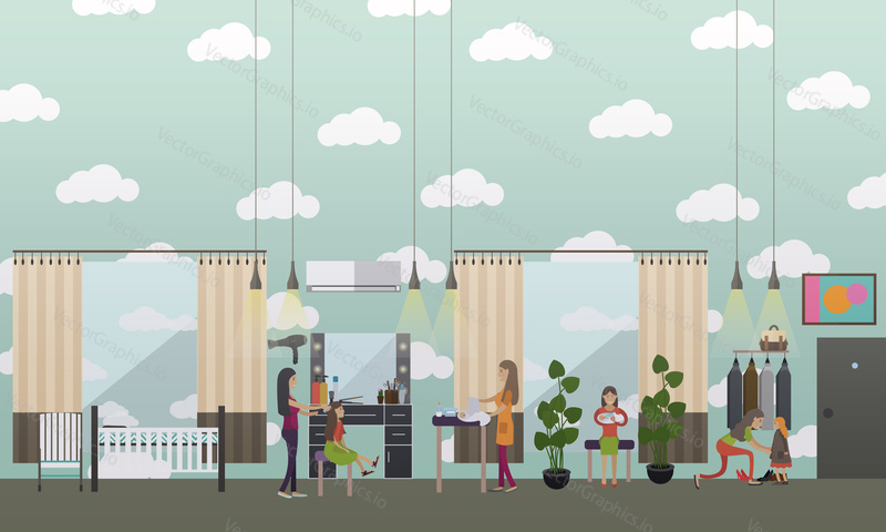 Vector illustration of nursery interior, young mothers feeding, swaddling and dressing their kids. Childcare and parenting flat style design elements.