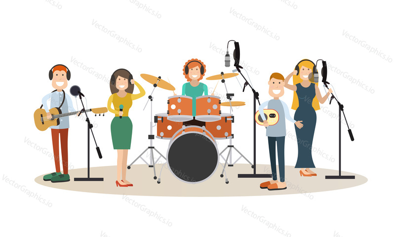 Vector illustration of singers, instrumental musicians recording tracks at recording studio or radio studio. People in headphones flat style design elements, icons isolated on white background.