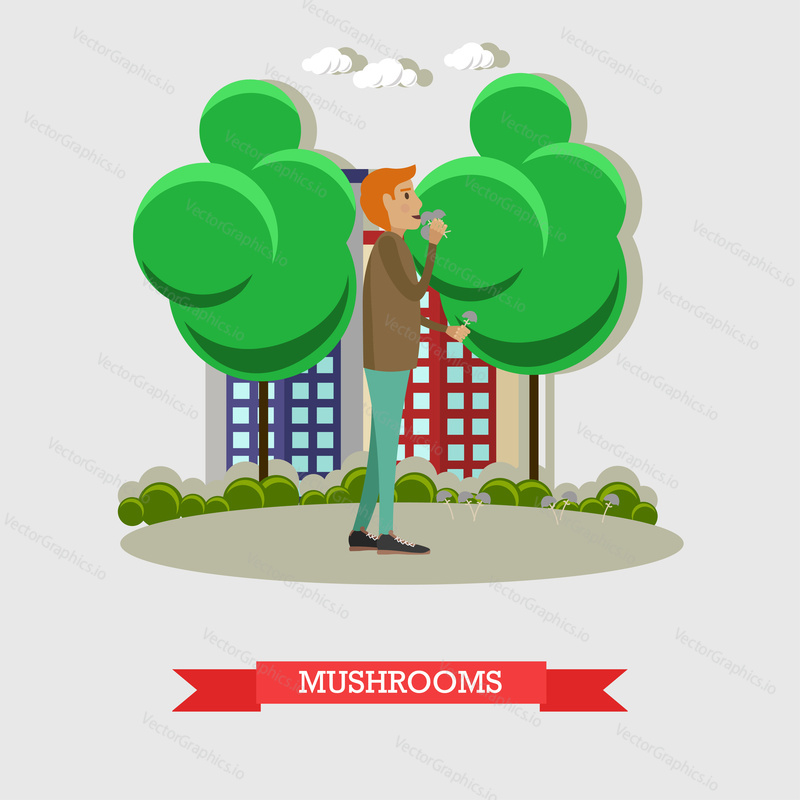 Vector illustration of man using magic mushrooms or psychedelic mushrooms. Drug addiction concept flat style design element.