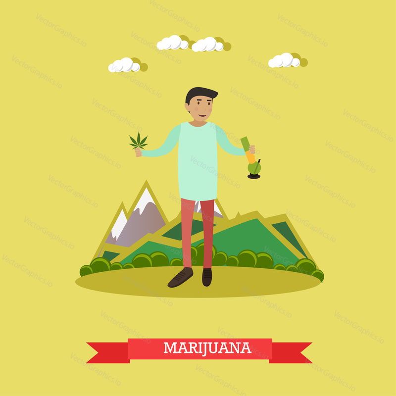 Vector illustration of man holding marijuana leaves in one hand and cannabis smoking bong in another hand. Drug addiction concept flat style design element.