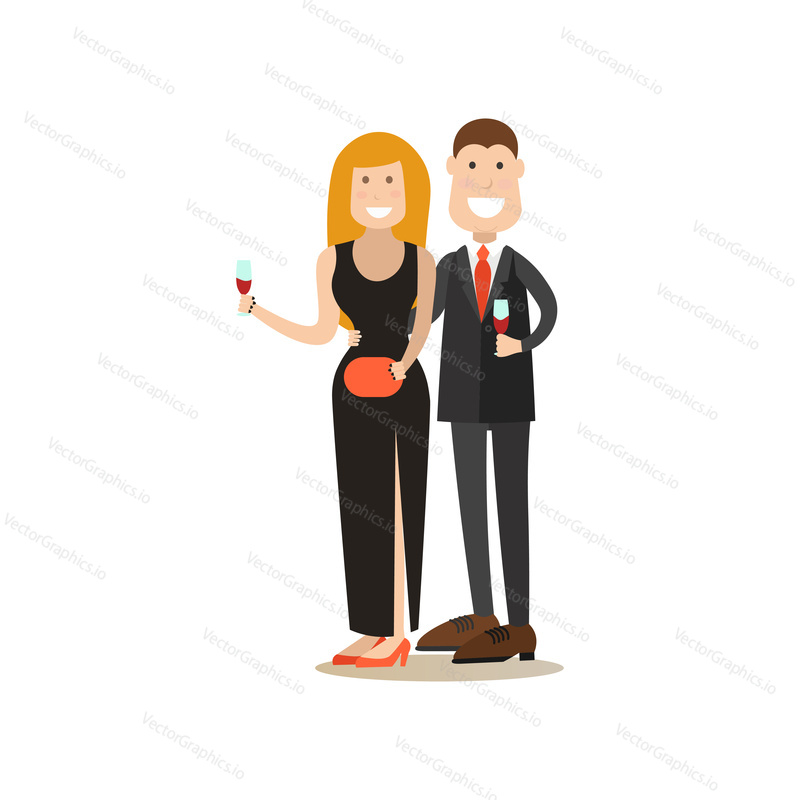Restaurant guests vector illustration. Visitors man and woman with wineglasses flat style cartoon characters isolated on white background.