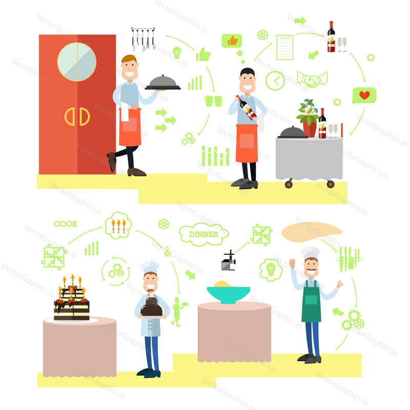 Vector illustration of waiters serving dish and wine, confectioner holding cake and baker making dough. Restaurant people, cooking flat symbols, icons isolated on white background.