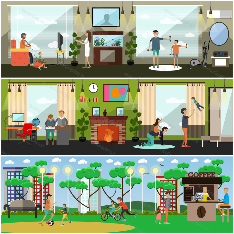 Vector set of posters, banners with fathers playing video and leisure games, walking in park, doing sport and homework with their children. Childcare and parenting concept flat style design elements.