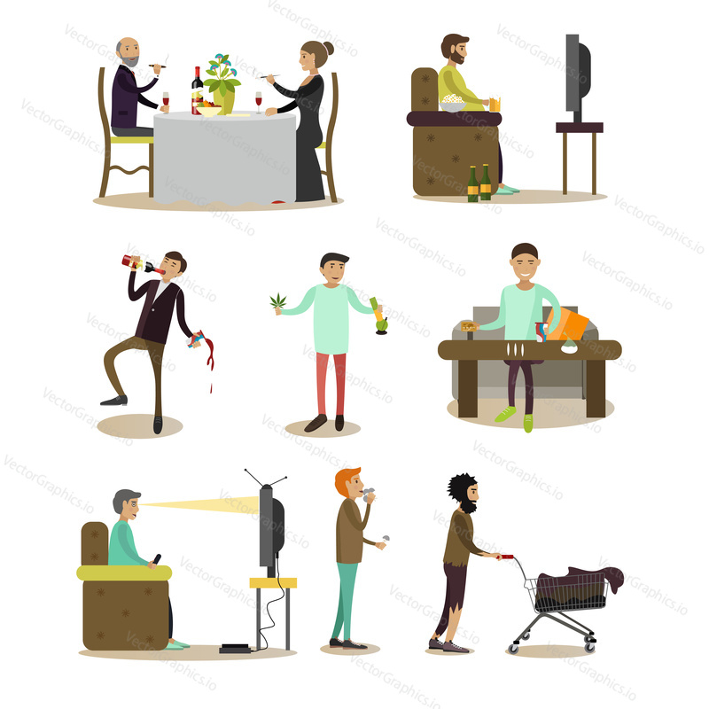 Vector set of people with bad habits isolated on white background. Alcoholic, addicts, tobacco smokers, tramp, tv zombie flat style design elements, icons.