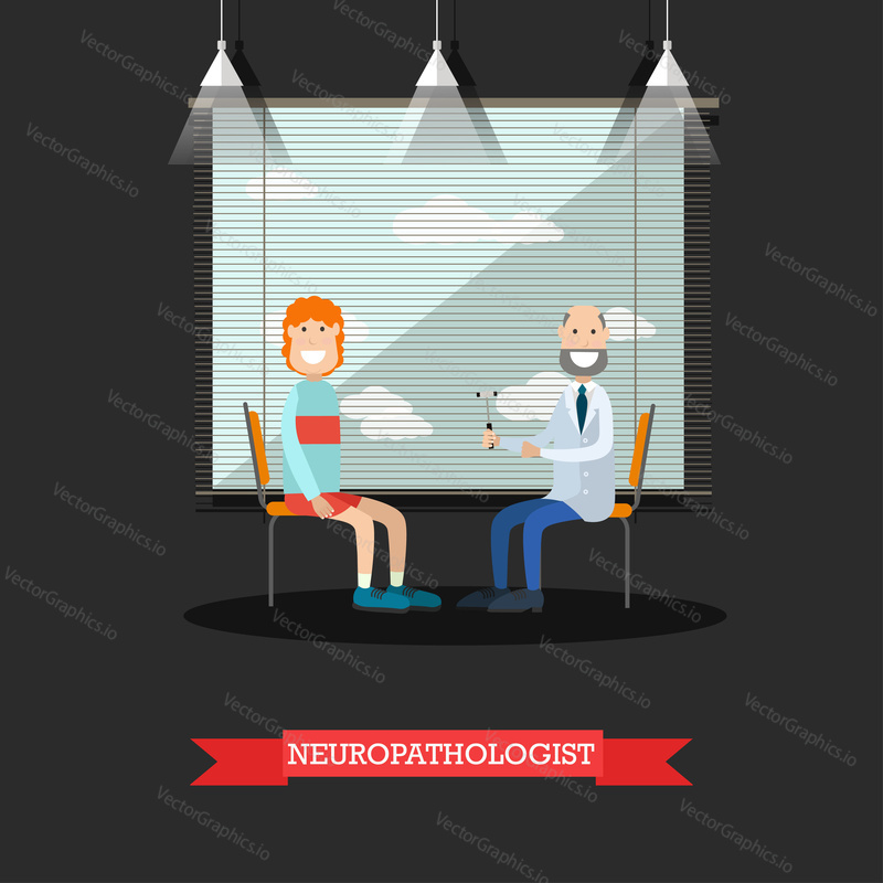 Vector illustration of doctor neurologist examining his patient male with reflex hammer. Medical clinic interior. Flat style design.